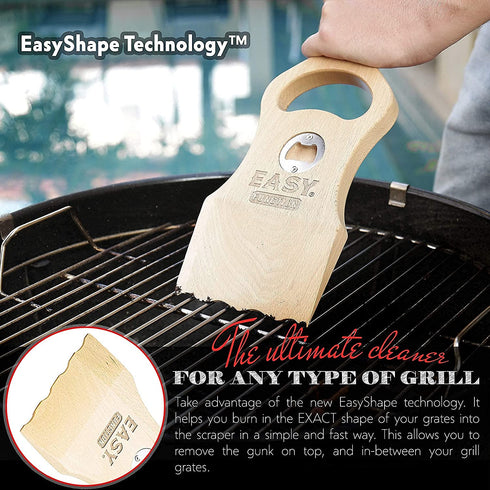 Wood Grill Scraper - Wooden Alternative for A BBQ Grill Brush, Made from Natural Beech Hardwood - Uses The New EasyShape Technology for Safe Cleaning & Bristle Free Barbecue