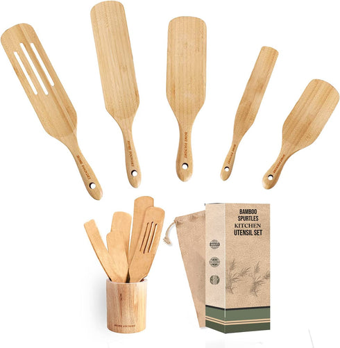 Bamboo Spurtle Set Pack of 6, Kitchen Spatula Set, Bamboo Utensils for Cooking, Bamboo Spoons for Cooking with Holder and Box Packaging, Spatulas for Nonstick Cookware