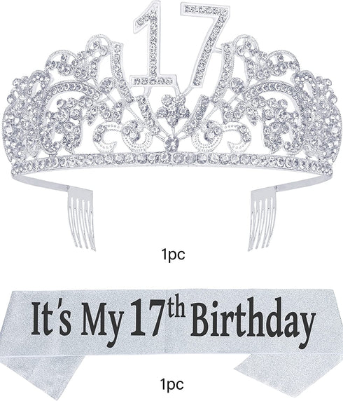 17th Birthday Gifts for Girls, 17th Birthday Tiara and Sash, 17th Birthday Decorations for Girl, 17th Birthday Crown and Sash for Girl, 17 Sash for Girl, 17 Tiaras and Crowns for Girls