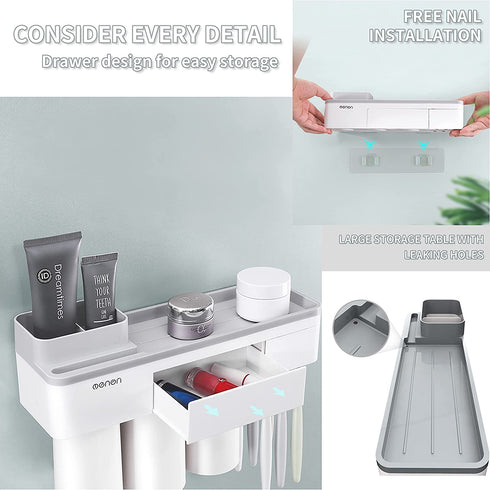 Magnetic Toothbrush Holder Wall Mount Electric Toothbrushes Slots Cosmetic Organizer and Drawer with Phone Holder