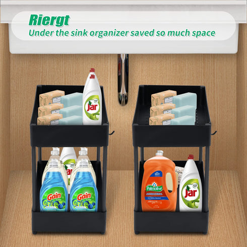 Under Sink Organizer and Storage - 2 Tier Bathroom Organizer - Multi-purpose Under The Sink Organizer - Countertop Storage Shelf Holder with 6 Hooks - Kitchen Spice Rack - Under Sink Storage for Bathroom Kitchen, Black