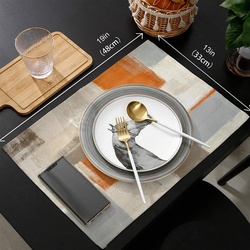 Bingigo Orange Placemats Set of 4 for Dining Table Cotton Linen Heat Insulating Kitchen Table Mats Durable Washable Burnt Orange Brawn Gray Paint Art Garffiti Placemats for Farmhouse Kitchen Table