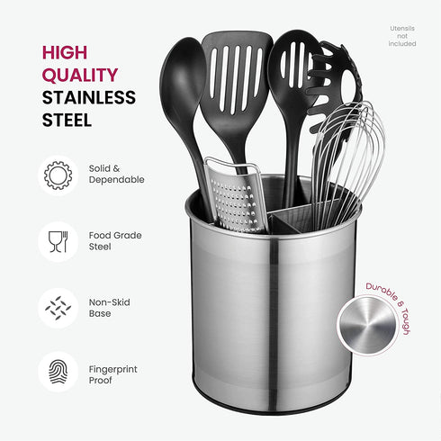 Extra-Large Stainless Steel Kitchen Utensil Holder - 360° Rotating Utensil Caddy - Weighted Base for Stability - Utensil Crock With Removable Divider for Easy Cleaning - Countertop Utensil Organizer.
