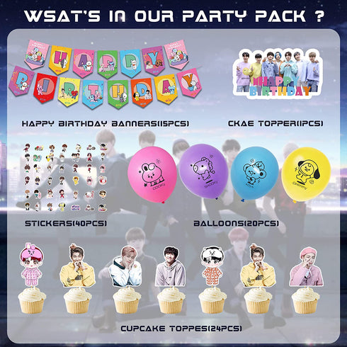 100 Pcs BT21 Birthday Party Supplies, Birthday Supplies for Bangtan Boys Fans Include Happy Birthday Banner, Cake Cupcake Toppers, Balloons And Stickers For Boys Girls Party Favors