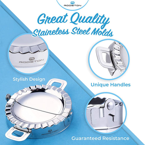 Dumpling Maker Press Set of 3 Molds BONUS Pastry Mat, Empanada Press for Cooking Pierogi Ravioli Turnover Wrappers, Stainless Steel Dumpling Mould - Pack of 3 Sizes with Silicone Dough Mat