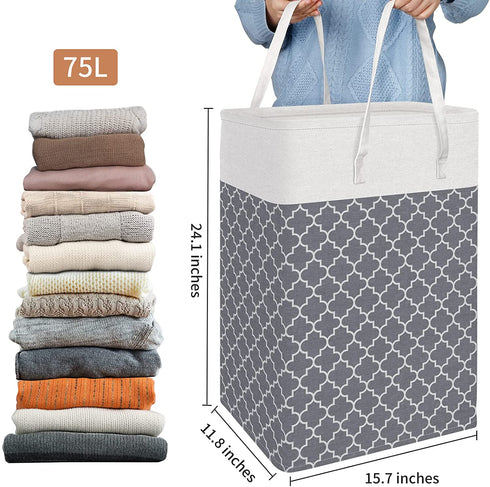 HomeHacks Laundry Baskets, 2-Pack Laundry Hamper with Long Handles, Collapsible Waterproof Clothes Hamper, Durable Tall Laundry Bin, Clothes Hamper for Bedroom, Bathroom, College Dorm, Dirty Clothes, Toys, 75L Grey