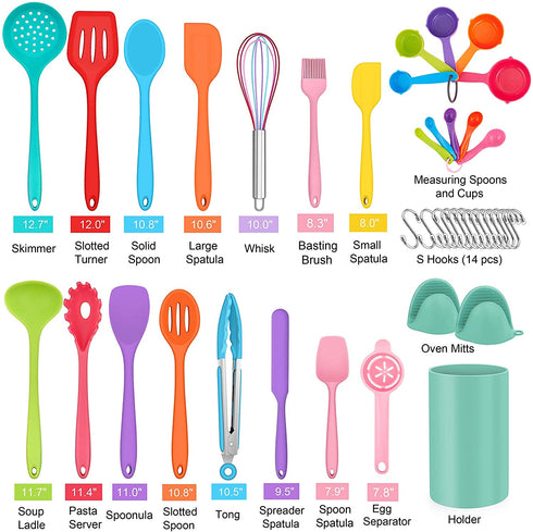 Homikit 42 Pieces Colorful Kitchen Cooking Utensils Set with Holder, Nonstick Silicone Utensil Spatula for Cooking, Heat Resistant Kitchen Tools Spoon Turner Whisk for Cookware, Dishwasher Safe