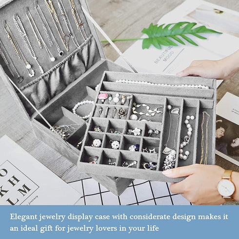 ProCase Jewelry Box Organizer for Women Girls, Two Layer Jewelry Display Storage Holder Case for Necklace Earrings Bracelets Rings Watches -Grey
