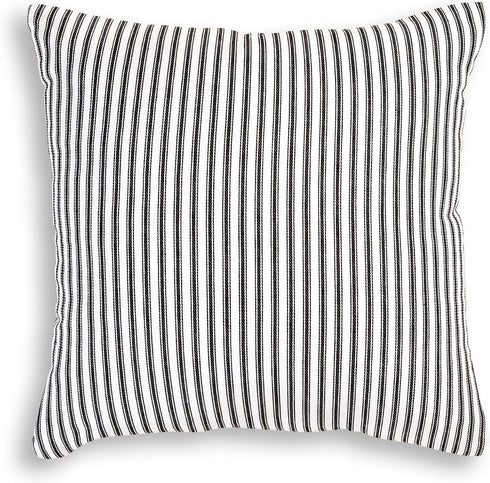 Cackleberry Home Black and White Ticking Stripe Woven Cotton Decorative Square Throw Pillow Case Covers 22 x 22 Inches, Set of 2