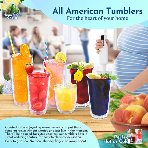 Insulated Tumblers 2-pack 26 oz Made in USA Great for Iced Coffee & Hot Drinks, Clear Double Wall Plastic Tumbler Cups, Microwave, Freezer & Top Rack Dishwasher Safe Reusable Cups by Homestead Choice