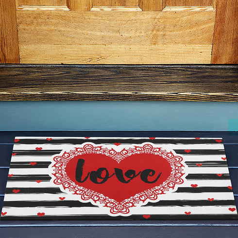 Valentine's Day Area Rug Doormat, Valentines Day Black White Striped Door Mat with Non Slip Backing, Romantic Red Heart Entrance Mats for Indoor Outdoor, Valentine's Day Home Decor, 18 x 30 Inch