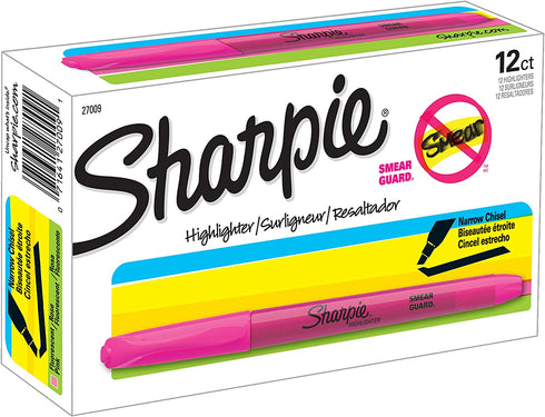 Sharpie 27009 Pocket Style Highlighters, Chisel Tip, Fluorescent Pink, Box of 12