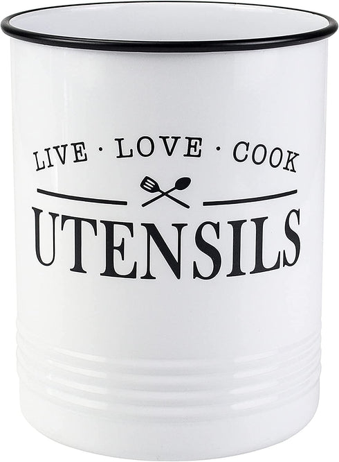 Karisky Kitchen Utensil Crock Holder for Countertop, 7 in Large Farmhouse Metal Utensil Caddy Organizer for Cooking Tools, White