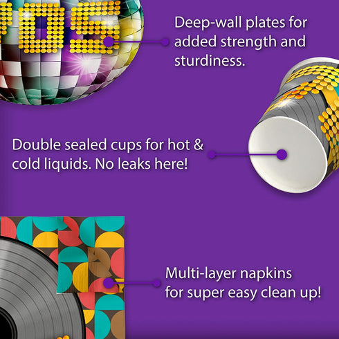70's Birthday Party Supplies Set Plates Napkins Cups Tableware Kit for 16
