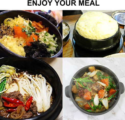 Jovely Korean Cooking Ceramic Stone Bowl(Dolsot or Ddukbaegi) Diameter 6.3'' High 2.95'' Sizzling Hot Pot for Korean food such as Bibimbap and Soup (with Premium Tray and Special Bowl Tongs Set)