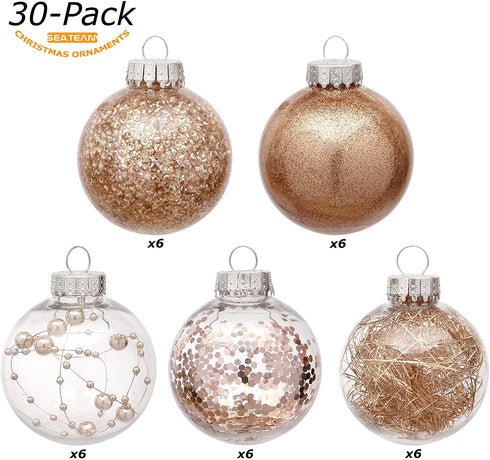 Sea Team 60mm/2.36" Shatterproof Clear Plastic Christmas Ball Ornaments Decorative Xmas Balls Baubles Set with Stuffed Delicate Decorations (30 Counts, Rose Gold)