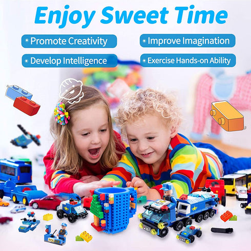 Build on Brick Mug for Kids Adults Boys, Cusod Novelty Coffee Mugs Compatible with Lego, Fun Coffee Mugs for Birthday Festival Gift Ideas, 16OZ Unique Cool DIY Cups, Block Buddy Mug with 6 in 1 Blocks