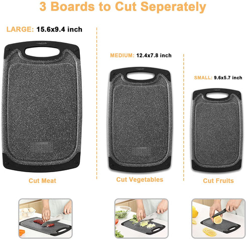 Plastic Cutting Board, 3 Pieces Dishwasher Safe Cutting Boards with Juice Grooves, Easy Grip Handle, Non-Slip, with Grinding Area for Grinding Garlic and Ginger