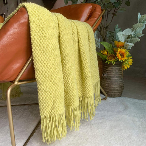 LOMAO Knitted Throw Blanket with Tassels Bubble Soft Lightweight Blanket Textured Lightweight Throws for Couch Cover Home Decor (Lemon Yellow, 50x60)