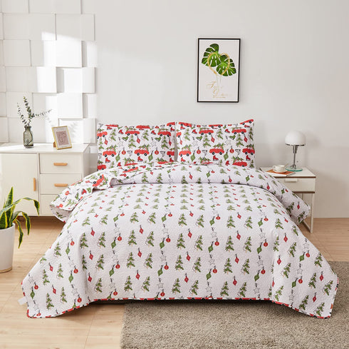 Kids Quilts Set King Size, Boy Tree Bedding Lightweight Reversible Red Bus Cartoon Bedspread Coverlet Gift Teens Child Holiday Decor (Red White, King)
