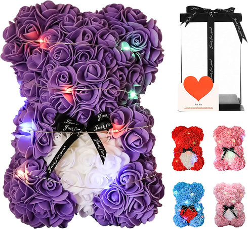Rose Bear --Over 250+ Flowers on Every Rose Teddy Bear -Gifts for Women Gifts for mom?Anniversary's, Birthdays, Bridal Showers,Valentine's Day,Mothers - Clear Gift Box Included (gray, 10inch) (purple)