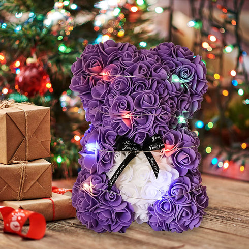 Rose Bear --Over 250+ Flowers on Every Rose Teddy Bear -Gifts for Women Gifts for mom?Anniversary's, Birthdays, Bridal Showers,Valentine's Day,Mothers - Clear Gift Box Included (gray, 10inch) (purple)