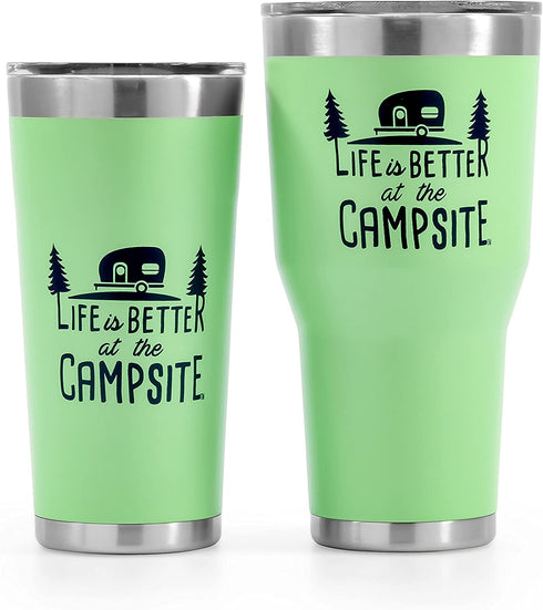 Camco Life is Better at The Campsite Stainless Steel 30 oz. Tumbler with Double Wall Insulation - Leak Proof Lid, Won't Sweat, Great For Hot and Cold Drinks - Green (53064)