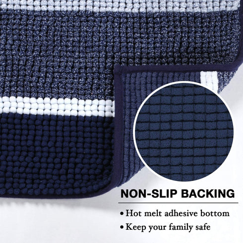 Flamingo P Super Cozy Shag Chenille Bath Rug, Gradient Navy Stripe Pattern Machine Washable Microfiber Plush Bathmat, Ultra Absorbent Mat with Non Slip Backing for Bathroom Landry, (20×32 inch, Navy)