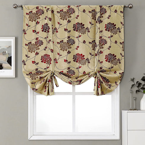Blackout Floral Valance Tie Up Window Curtains Room Darkening Valances Thermal Insulated Embroidered Balloon Drapes and Curtains for Kitchen Bedroom Bathroom Windows,32x55 Inch,Beige,Red