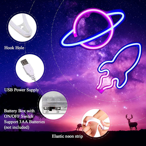 2 Pcs Neon Signs,Led Neon Sign Rocket Planet Decorative Battery or USB Operated Neon Lights Light Up for Bedroom/Kids Room/Home