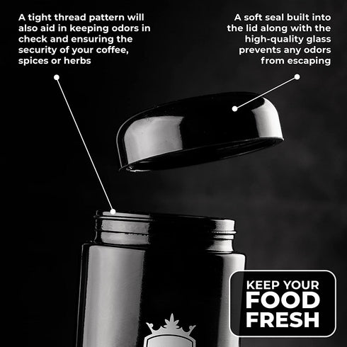 KOZO Airtight Storage Jar - Made of Black Glass, with UV Protection. Airtight Container with Humidity Pack. Keep your Serving Spices, Herbs, Coffee and Sugar Fresh for Longer, Large Stylish 2 oz Size (500 ml)