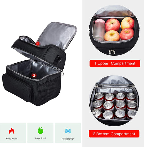 Dual Compartment lunch bag with Shoulder Strap Leakproof Insulated Cooler Bag Tote with Lunchbox Belt for Men Women Adults Work (Black)