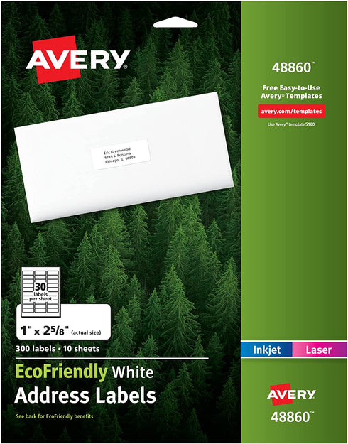 Avery EcoFriendly Mailing Labels for Laser and Ink Jet Printers, 1 x 2 5/8 Inches, White, Permanent, Pack of 300 (48860)