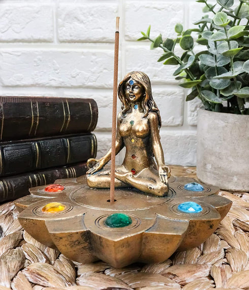 Ebros Gift Sacred Moon Feminine Triple Goddess Yoga Meditation with Chakra Zone Color Beads Lotus Flower Incense Stick Holder Burner Figurine Zen Feng Shui Vastu Home Fragrance Tabletop Altar Decor