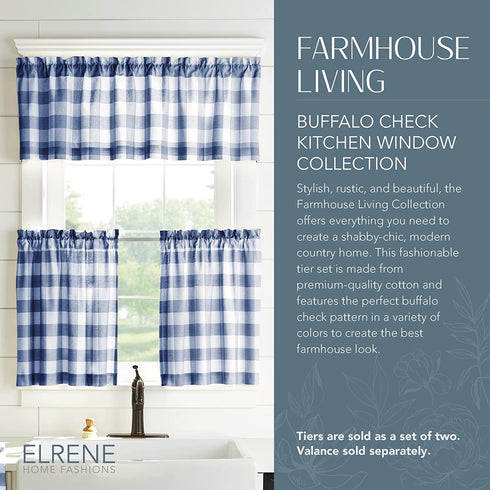 Elrene Home Fashions Farmhouse Living Buffalo-Check Valance, Bathroom or Kitchen Valance for Windows, 60" x 15" (1 Valance), Blue/White