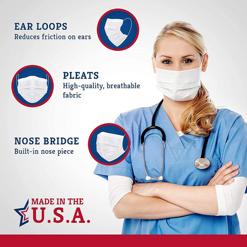 MADE IN USA -ASTM Level 3 - Disposable Face Masks - 3-ply - 50ct - Adjustable Fit