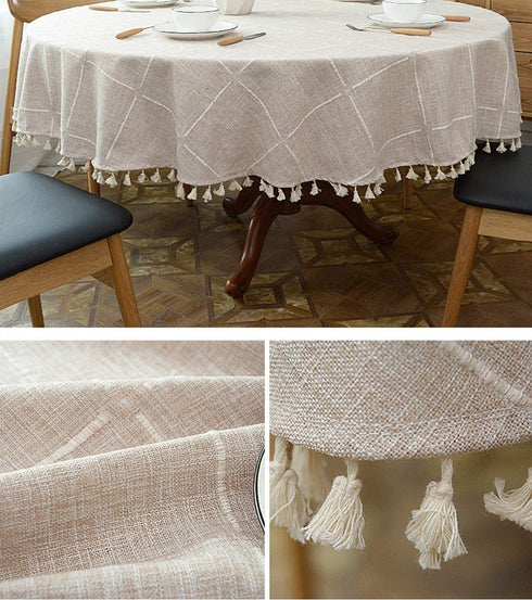 Heavy Weight Cotton Linen Tablecloth, Plaid Tassel Round Table Cover for Kitchen Dining Room Tabletop Decorations, Round - 48", Beige