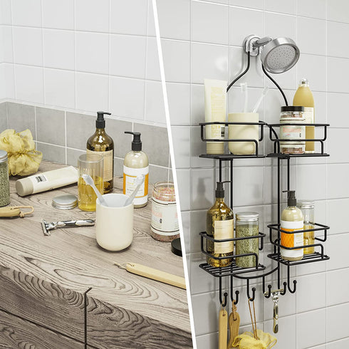 SRIWATANA Shower Caddy Hanging Over Head, Bathroom Shower Organizer Shower Rack Holder with Hooks for Razors - Black