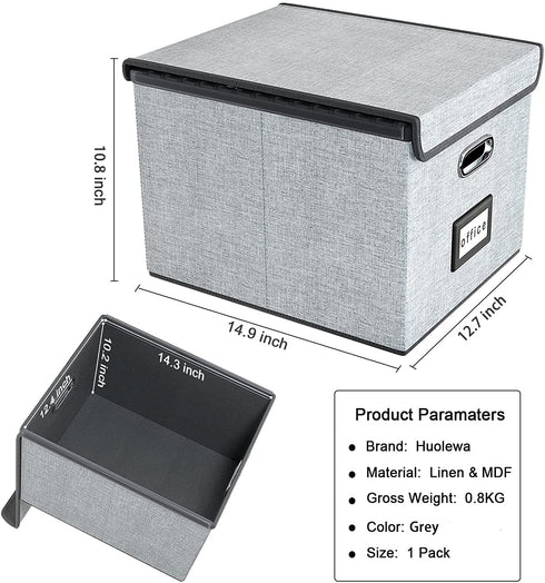 Upgrade Portable File Organizer Box with Lids, Huolewa Collapsible Linen Hanging Filing Storage Boxes with Plastic Slide, Decorative Home/Office Filling System for File and Folders Storage (Gray)