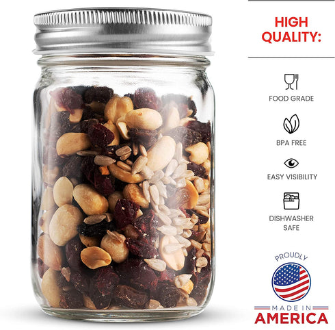 Regular-Mouth Glass Mason Jars, 12-Ounce (10-Pack) Canning Jars with Silver Metal Airtight Lids for Meal Prep, Food Storage, Canning, Drinking, Overnight Oats, Jelly, Dry Food, Spices, Salads, Yogurt