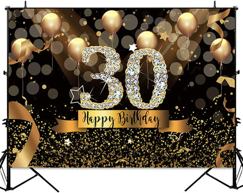 Sensfun Happy 30th Birthday Party Backdrop for Women Black Gold Balloons Sparkle Bokeh Dots Photography Background Fabulous Thirty Birthday Banner Cake Table Decoration Supplies Photo Backdrops 7x5ft