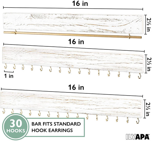 Ilyapa Wall Mounted Jewelry Organizer, Rustic White Wood - Earring, Bracelet and Necklace Holder - 3 Piece Jewelry Hanger Rack Set