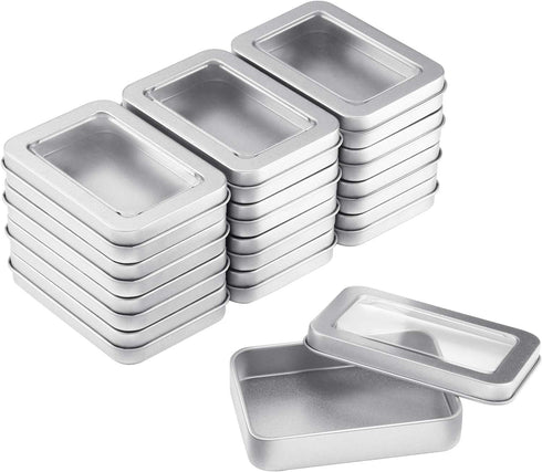 TecUnite Metal Tin Box Clear Top Tins Box Empty Storage Tins Case Rectangle Containers Can with Large Clear Window for Candles, Candies, Gifts, Balms and Treasures, Silver (24)