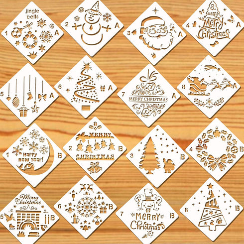 Konsait 16Pack Christmas Stencils Templates, Reusable Plastic Craft Drawing Painting Template, Xmas Stencils for Greeting Cards, Albums,Scrapbook, Notebook, Journal, Wall Art Wood, Face Cookie Decor