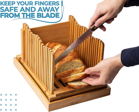Bamboo Bread Slicer for Homemade Bread Loaf Wooden Bread Cutting Board with Crumble Holder Foldable, Adjustable and Compact Loaf Cutter Thin or Thick Slices