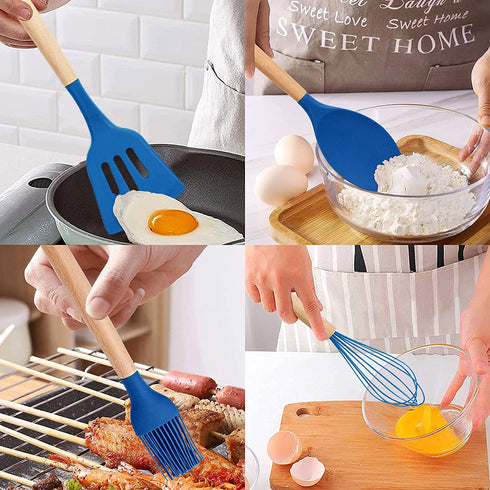 mossFlos Kitchen Cooking Utensils Set, 12 pcs Non-Stick Silicone Cooking Kitchen Utensils with Holder, Heat Resistant Kitchen Gadgets Utensil Set,Dark Blue