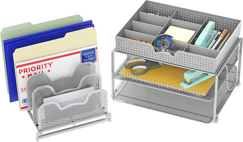 SimpleHouseware Mesh Desk Organizer with Sliding Drawer, Double Tray and 5 Stacking Sorter Sections, Silver