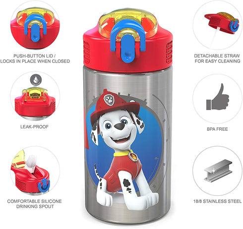 Zak Designs 18/8 Stainless Steel Kids Water Bottle with Flip-up Straw Locking Spout Cover, Durable Cup for Sports or Travel (15.5oz, Paw Patrol Marshall) (PWPT-S731)