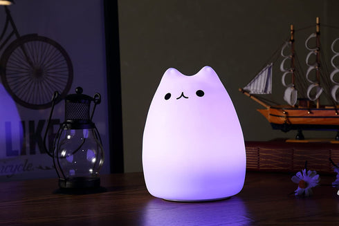 WoneNice Portable Cute Cat Silicone LED Night Lamp,USB Rechargeable Children Night Light with Warm White & 7-Color Breathing Modes, Touch Sensor Control, Christmas Gifts for Baby, Kids, Adults