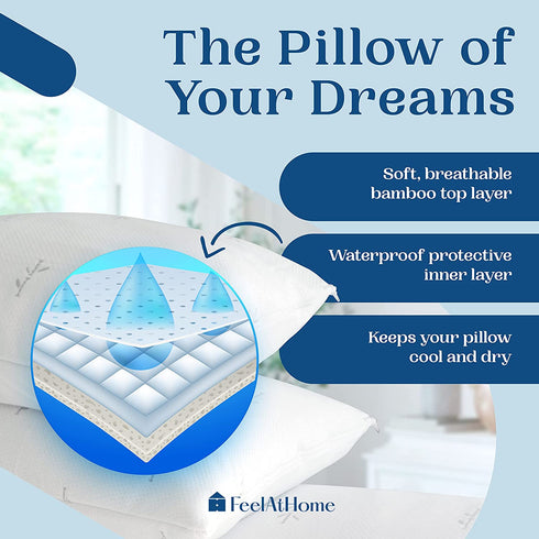 FeelAtHome Cooling Bamboo Pillow Cover Waterproof 20 x 26 Inches Pack of 2 (Standard) - Very Soft & Comfortable, Zippered Bamboo Pillow Cover Pillowcase - Fibre Fabric Case Cover